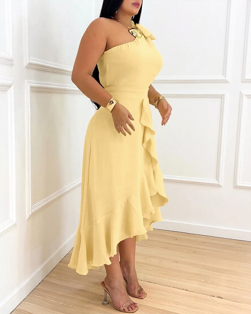 CHICME Women's One Shoulder Ruffle Hem Dress Bow Tie Shoulder High-Low Hem Irregular Party Dress Shirred Back Evening Gown