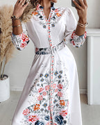 Floral Print V Neck Three Quarters Tied Detail Blouse Dress Casual A Line Slim Fit Maxi Dress