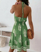 Vintage Plants Print Halter Tie Ruched Backless A Line Dress Casual Shirred Waist Ruffle Hem Vacation Dress