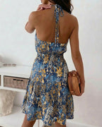 Vintage Print Halter Tie Ruched Backless A Line Dress Casual Shirred Waist Ruffle Hem Vacation Dress