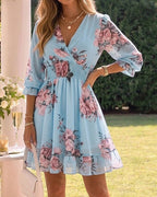 Floral Print Overlap V Neck Three Quarters Sleeve Shirred Waist Ruffle Hem Dress Casual Cinched Waist Flared Cuffs Chiffon Vacation Dress with Lining
