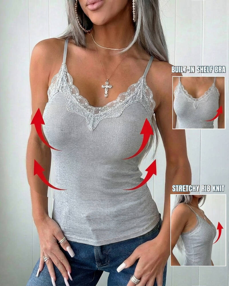 French Style V-Neck Spaghetti Straps Lace Spliced Top Slim Fit Ribbed Cami Top with Built-In Bra