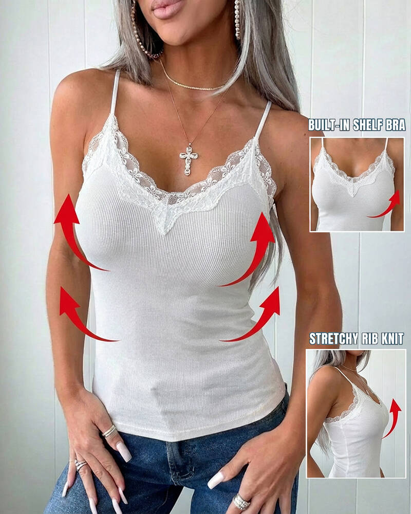 French Style V-Neck Spaghetti Straps Lace Spliced Top Slim Fit Ribbed Cami Top with Built-In Bra