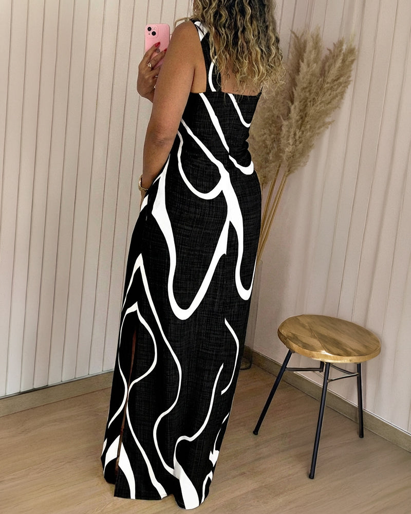 Abito lungo con stampa astratta, scollo quadrato e spalline larghe; elegante abito da vacanza con spacco laterale