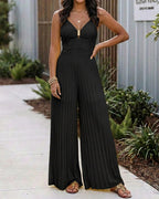 Metal Decor Deep V-Neck Adjustable Spaghetti Straps Hollow-out Front Overalls Casual Shirred Back Cinched Waist Pleated Wide Leg Jumpsuit