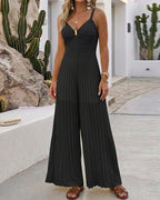 Metal Decor Deep V-Neck Adjustable Spaghetti Straps Hollow-out Front Overalls Casual Shirred Back Cinched Waist Pleated Wide Leg Jumpsuit