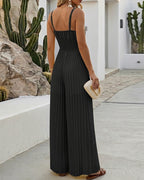 Metal Decor Deep V-Neck Adjustable Spaghetti Straps Hollow-out Front Overalls Casual Shirred Back Cinched Waist Pleated Wide Leg Jumpsuit