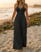 Metal Decor Deep V-Neck Adjustable Spaghetti Straps Hollow-out Front Overalls Casual Shirred Back Cinched Waist Pleated Wide Leg Jumpsuit