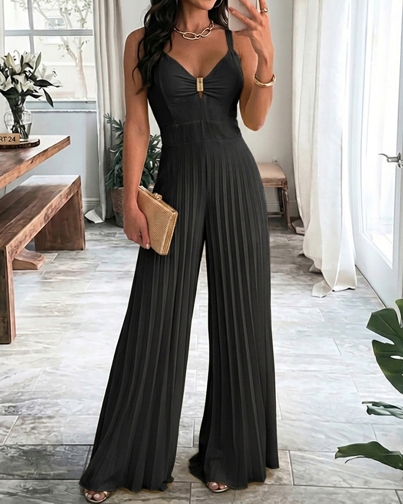 Metal Decor Deep V-Neck Adjustable Spaghetti Straps Hollow-out Front Overalls Casual Shirred Back Cinched Waist Pleated Wide Leg Jumpsuit