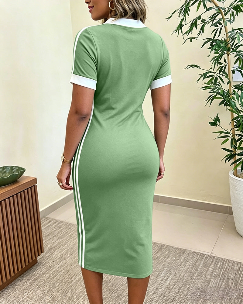 Women's Side Contrast Stripe V-Neck Dress Short Sleeve Slim Fit  Casual Dress