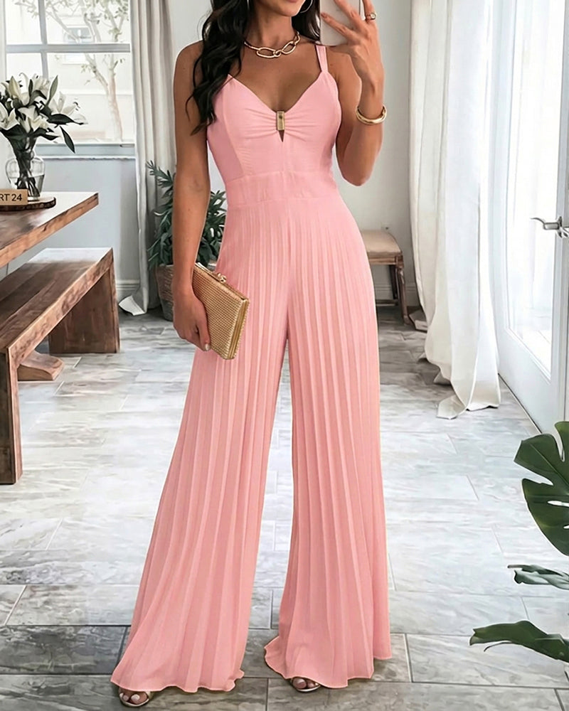 Metal Decor Deep V-Neck Adjustable Spaghetti Straps Hollow-out Front Overalls Casual Shirred Back Cinched Waist Pleated Wide Leg Jumpsuit