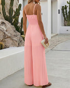 Metal Decor Deep V-Neck Adjustable Spaghetti Straps Hollow-out Front Overalls Casual Shirred Back Cinched Waist Pleated Wide Leg Jumpsuit