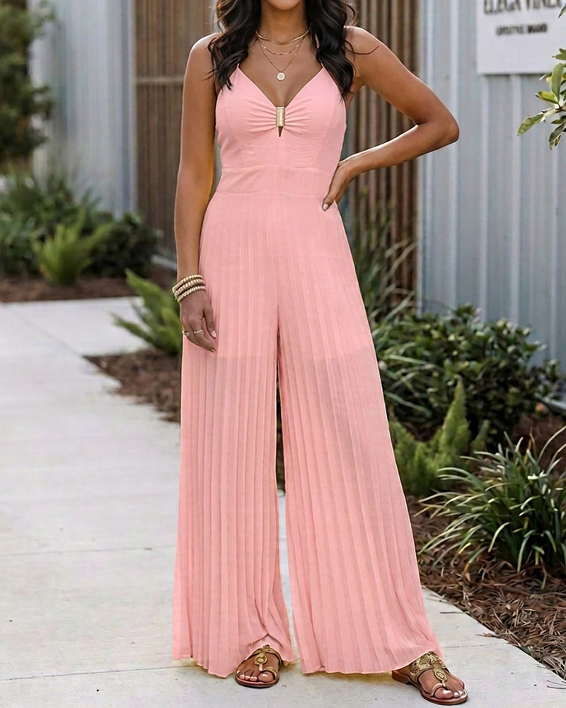 Metal Decor Deep V-Neck Adjustable Spaghetti Straps Hollow-out Front Overalls Casual Shirred Back Cinched Waist Pleated Wide Leg Jumpsuit