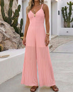 Metal Decor Deep V-Neck Adjustable Spaghetti Straps Hollow-out Front Overalls Casual Shirred Back Cinched Waist Pleated Wide Leg Jumpsuit