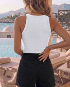 Rhinestone Contrast Sequin Keyhole Neck Sleeveless Slim Fit Elasticity Ribbed Top Elegant Tank