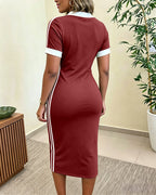 Women's Side Contrast Stripe V-Neck Dress Short Sleeve Slim Fit  Casual Dress