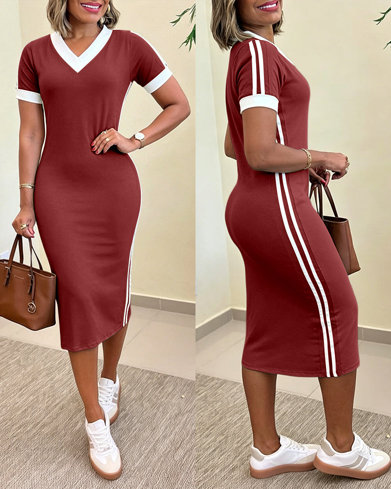 Women's Side Contrast Stripe V-Neck Dress Short Sleeve Slim Fit  Casual Dress