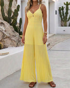 Metal Decor Deep V-Neck Adjustable Spaghetti Straps Hollow-out Front Overalls Casual Shirred Back Cinched Waist Pleated Wide Leg Jumpsuit