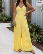Metal Decor Deep V-Neck Adjustable Spaghetti Straps Hollow-out Front Overalls Casual Shirred Back Cinched Waist Pleated Wide Leg Jumpsuit