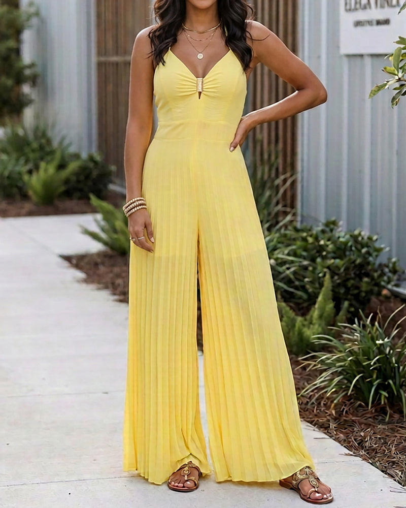Metal Decor Deep V-Neck Adjustable Spaghetti Straps Hollow-out Front Overalls Casual Shirred Back Cinched Waist Pleated Wide Leg Jumpsuit